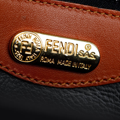 Fendi Vintage Navy Pequin Stripe Brown Leather Trimmed Handle Bag with Strap