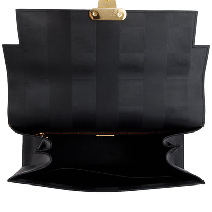 Fendi Vintage Navy Pequin Stripe Brown Leather Trimmed Handle Bag with Strap