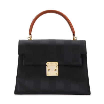 Fendi Vintage Navy Pequin Stripe Brown Leather Trimmed Handle Bag with Strap