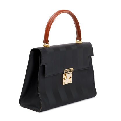 Fendi Vintage Navy Pequin Stripe Brown Leather Trimmed Handle Bag with Strap