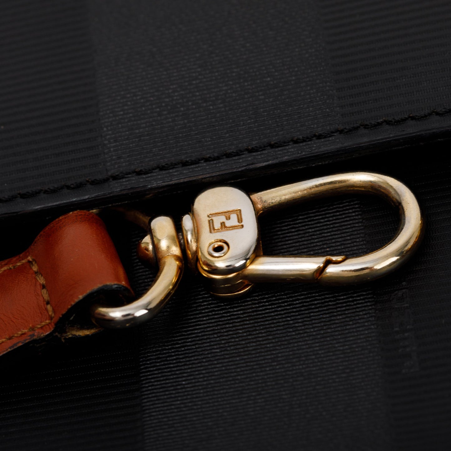 Fendi Vintage Navy Pequin Stripe Brown Leather Trimmed Handle Bag with Strap