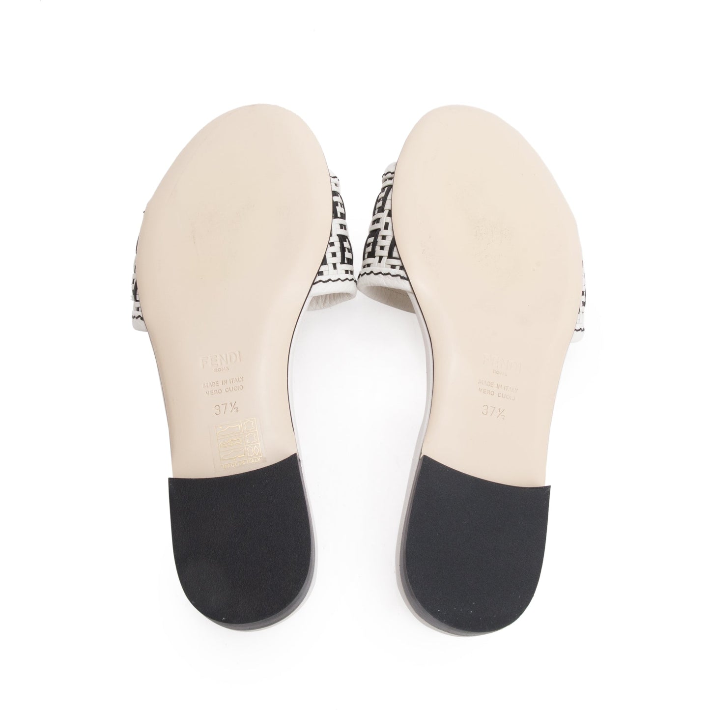 Fendi White Calskin Leather Interlaced FF Woven Mule Sandals, Size 37.5