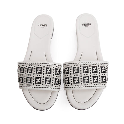 Fendi White Calskin Leather Interlaced FF Woven Mule Sandals, Size 37.5