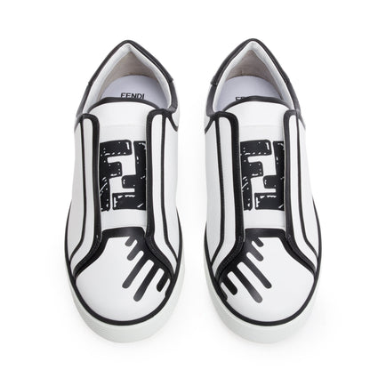 Fendi X Joshua Vides White Black Nappa Leather Rockoclick Slip On Sneakers, Size 37.5