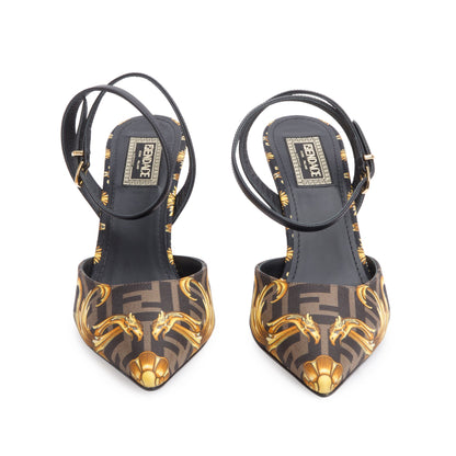 Fendi X Versace Brown Printed Canvas Fendace Slingback Pumps, Size 38