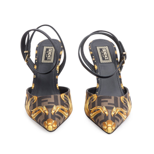 Fendi X Versace Brown Printed Canvas Fendace Slingback Pumps, Size 38
