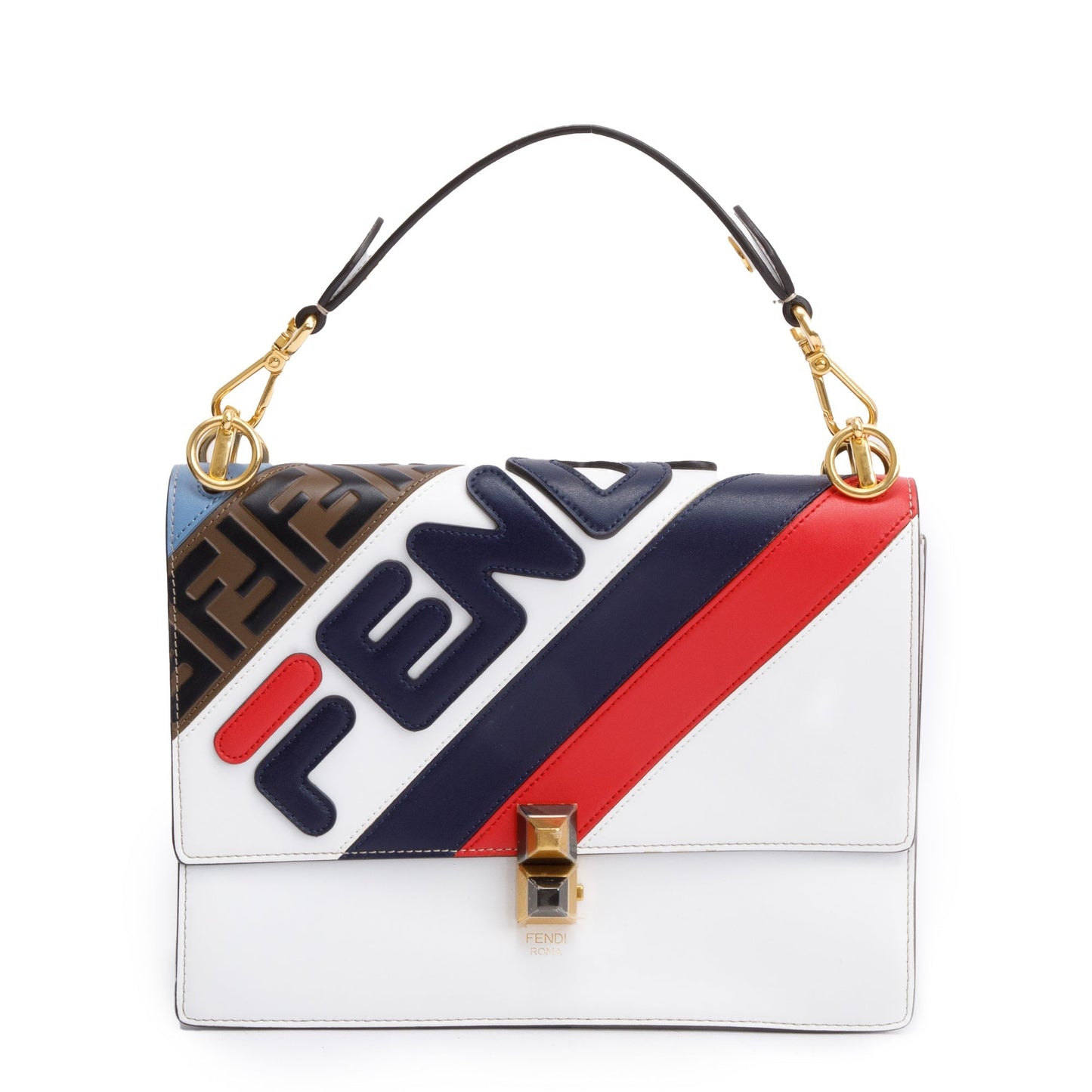 Fendi x Fila White Multicolor Calfskin Leather Logo Mania Kan I Shoulder Bag
