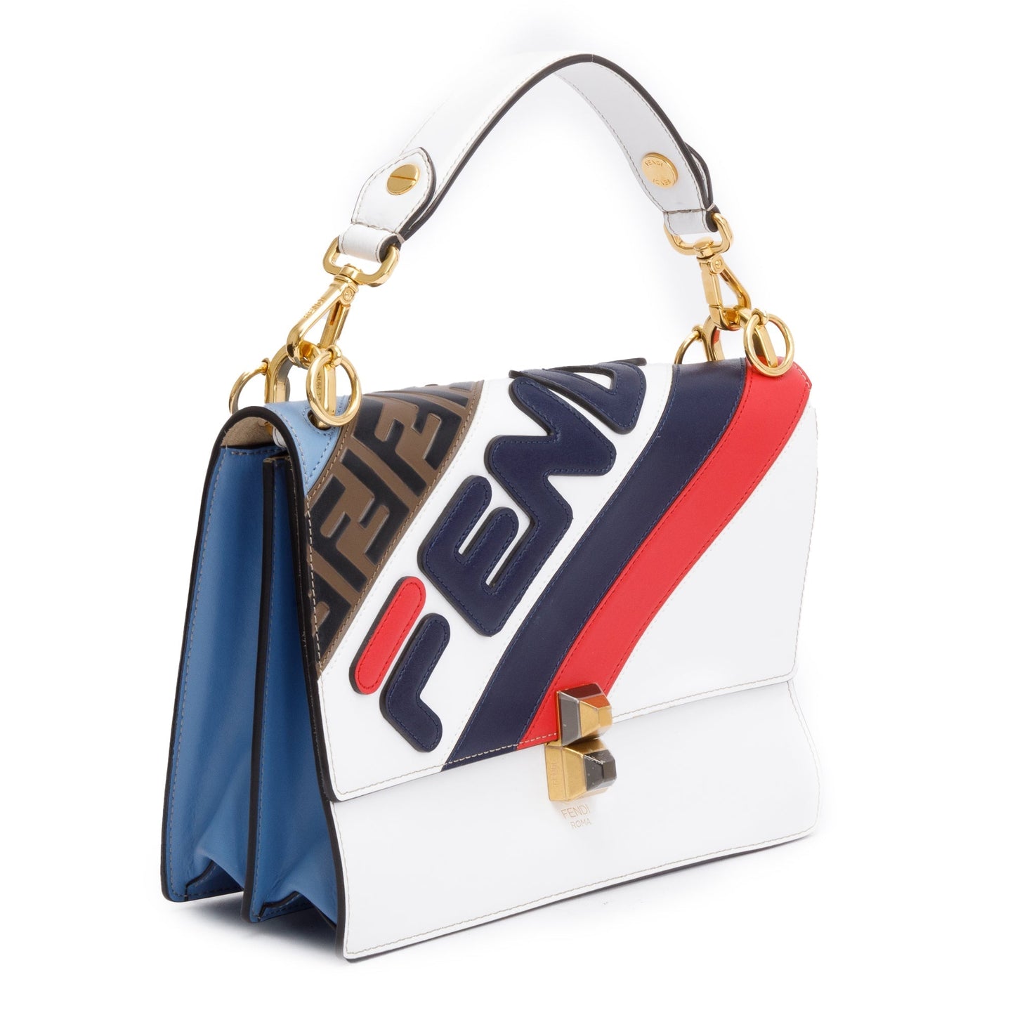 Fendi x Fila White Multicolor Calfskin Leather Logo Mania Kan I Shoulder Bag