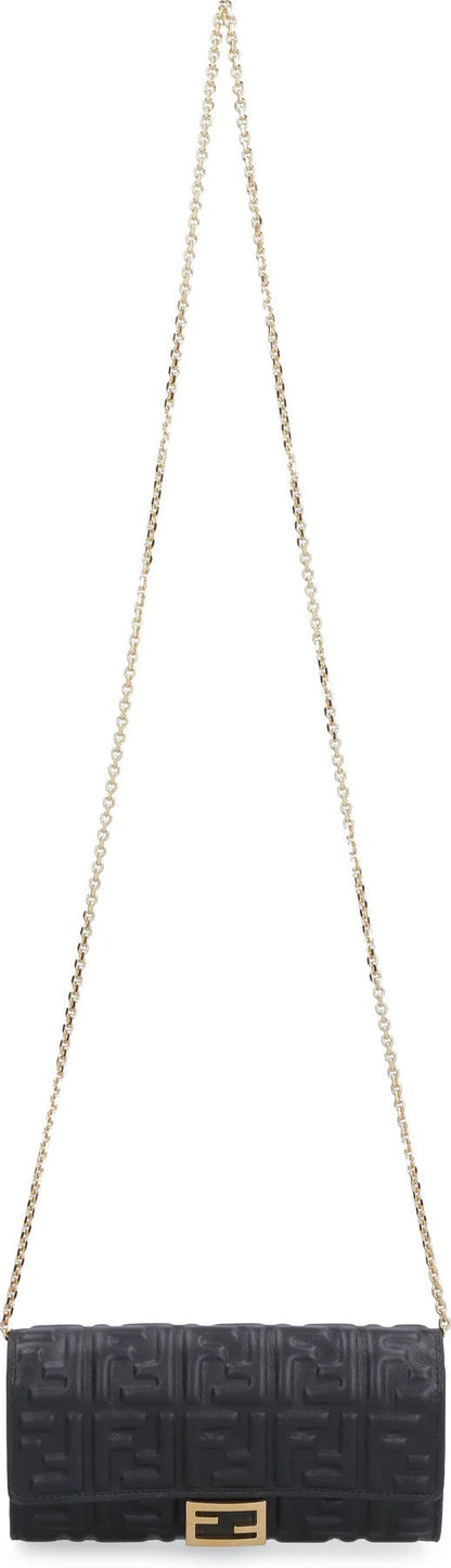 FENDI FF BAGUETTE EMBOSSED LEATHER SHOULDER BAG WALLET ON A CHAIN