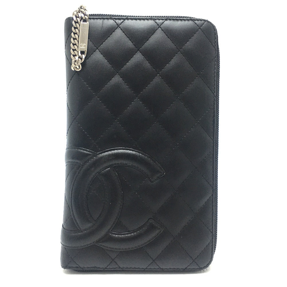 CHANEL Long Wallet Purse A26710 Calf leather Black x pink Cambon line organizer Women