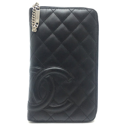 CHANEL Long Wallet Purse A26710 Calf leather Black x pink Cambon line organizer Women