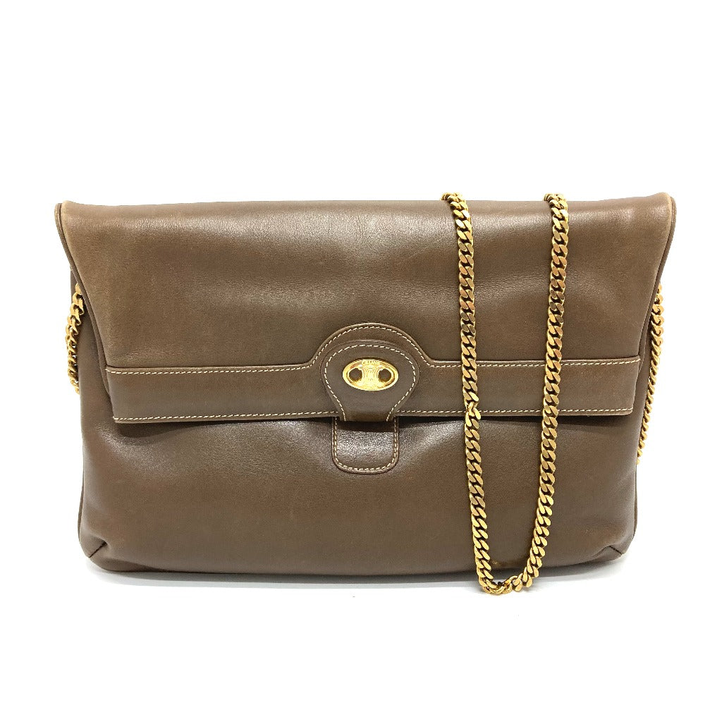 CELINE Shoulder Bag leather Brown logoMetal vintage Women