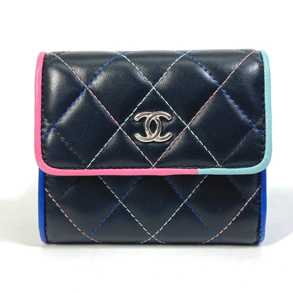 CHANEL Trifold wallet lambskin black CC COCO Mark Small flap Women