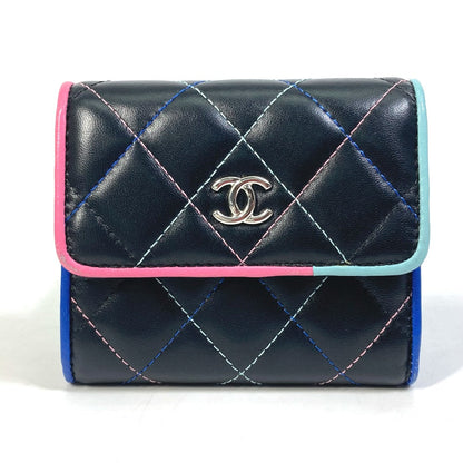 CHANEL Trifold wallet lambskin black CC COCO Mark Small flap Women
