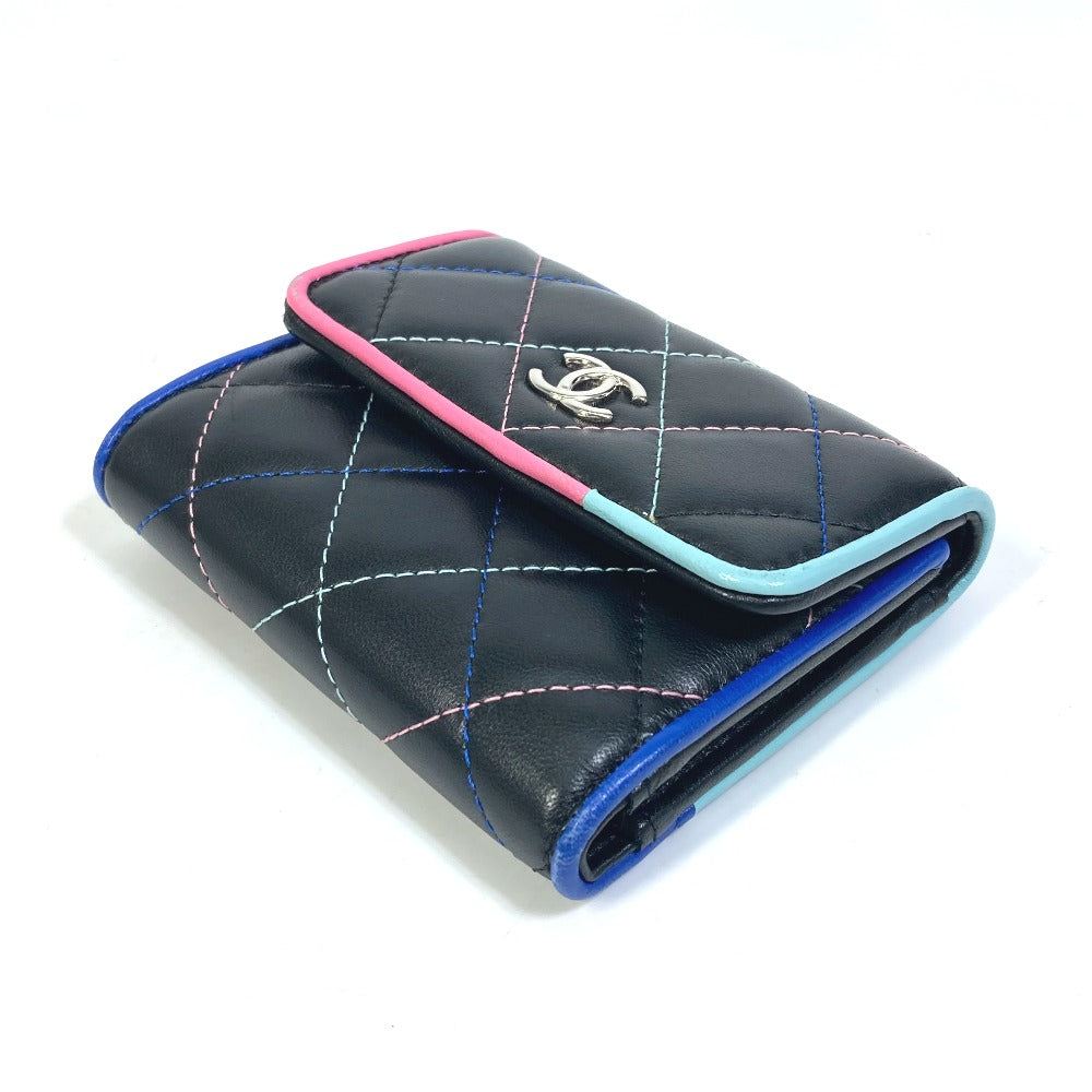 CHANEL Trifold wallet lambskin black CC COCO Mark Small flap Women