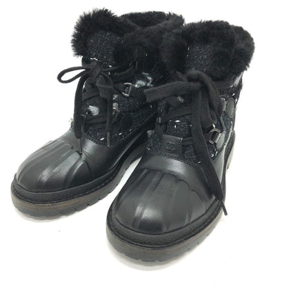 CHANEL boots Leather, Tweed blue COCO Mark short Women 36