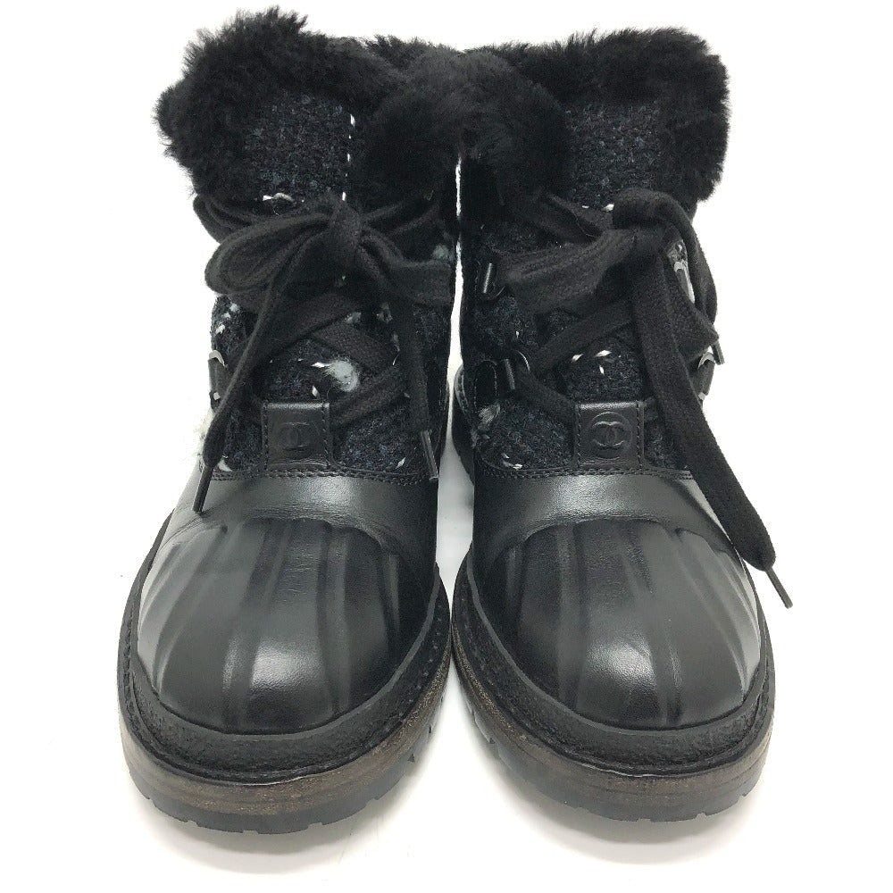 CHANEL boots Leather, Tweed blue COCO Mark short Women 36