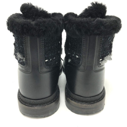 CHANEL boots Leather, Tweed blue COCO Mark short Women 36