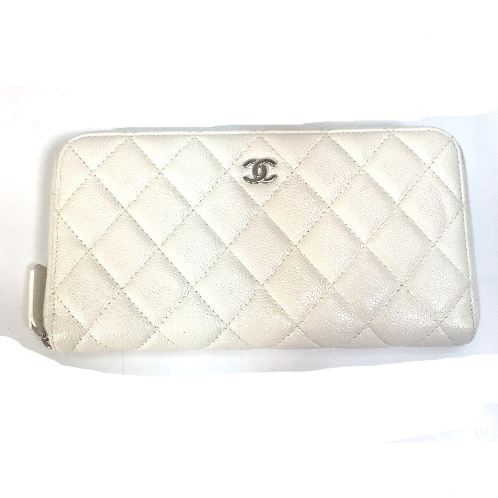 CHANEL Long Wallet Purse A50097 Caviar skin white Matelasse CC COCO Mark Zip Around Women