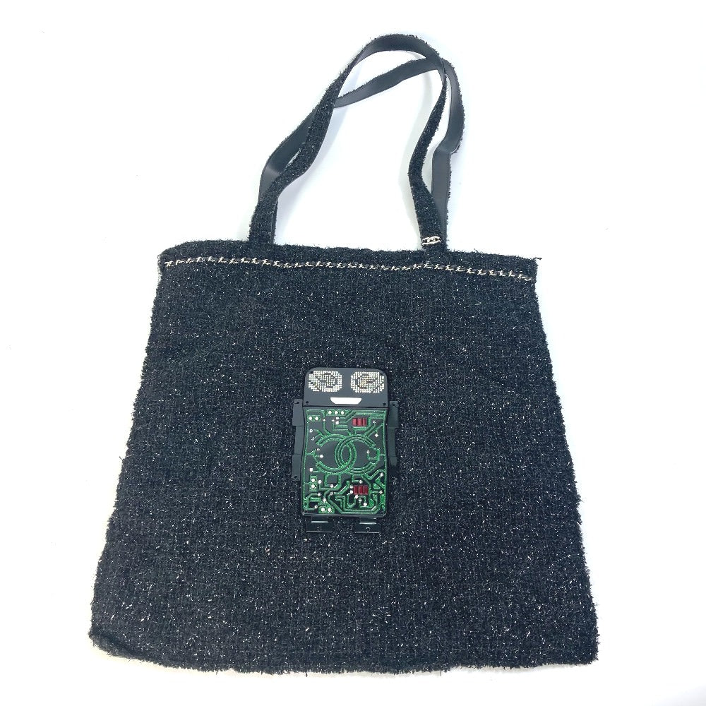CHANEL Tote Bag A94646 tweed black CC COCO Mark Rhinestone Pearl Robot Large Chain Women