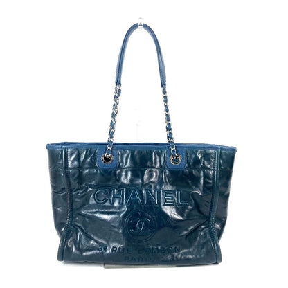 CHANEL Shoulder Bag leather Navy Logo Tote Bag Shoulder DeauvilleMM Women