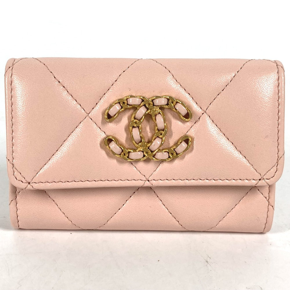 CHANEL Coin case lambskin pink 19th Line Chain CC Card Case Matelasse Women
