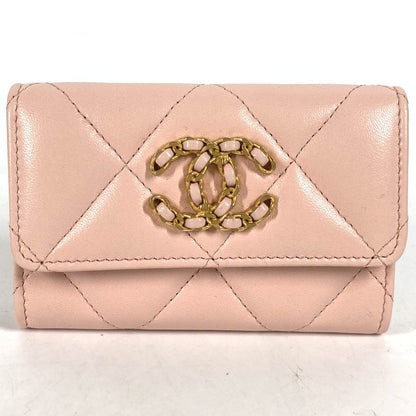 CHANEL Coin case lambskin pink 19th Line Chain CC Card Case Matelasse Women