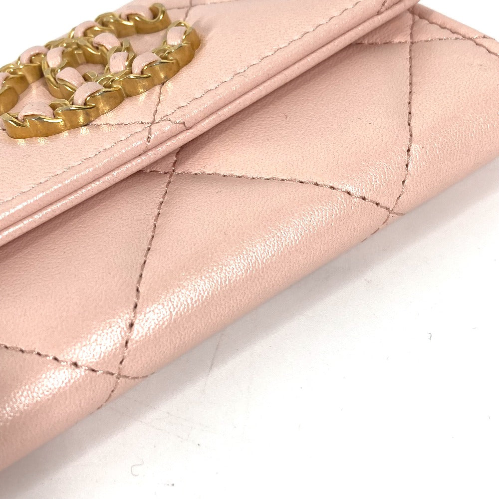 CHANEL Coin case lambskin pink 19th Line Chain CC Card Case Matelasse Women