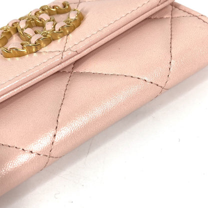 CHANEL Coin case lambskin pink 19th Line Chain CC Card Case Matelasse Women