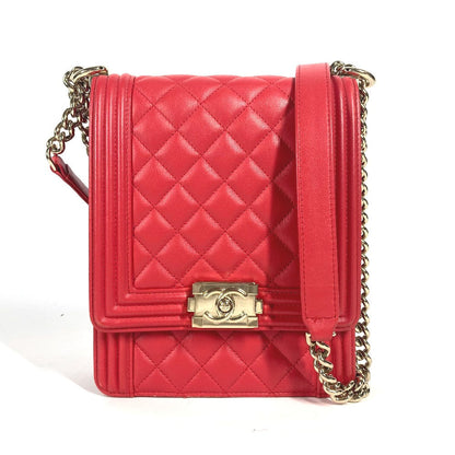 CHANEL Shoulder Bag leather Red CC COCO Mark Quilting Matelasse Vertical Boy Chanel