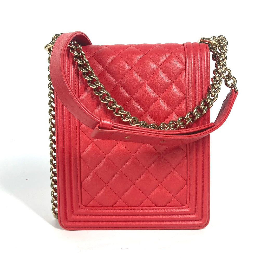 CHANEL Shoulder Bag leather Red CC COCO Mark Quilting Matelasse Vertical Boy Chanel