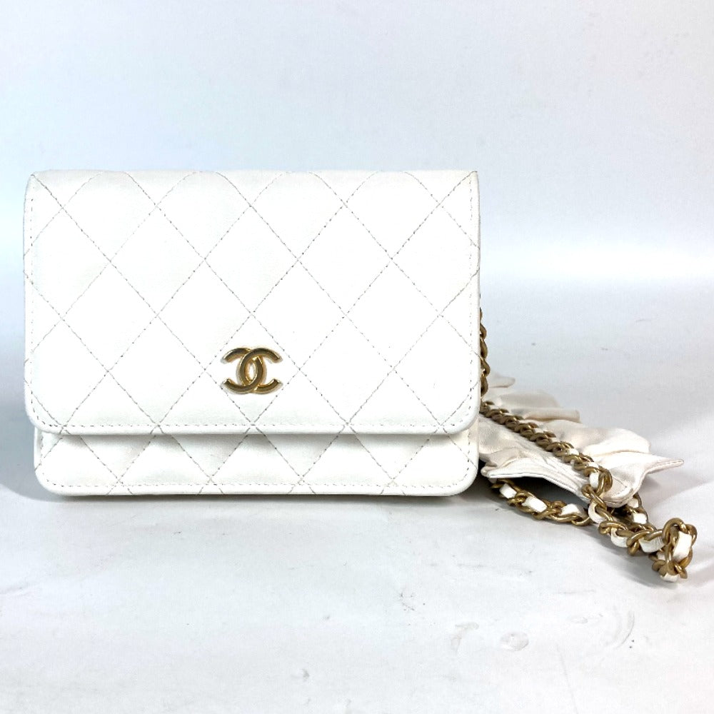 CHANEL Long Wallet Purse leather white Crossbody bag CC COCO Mark Frill Chain Wallet Women