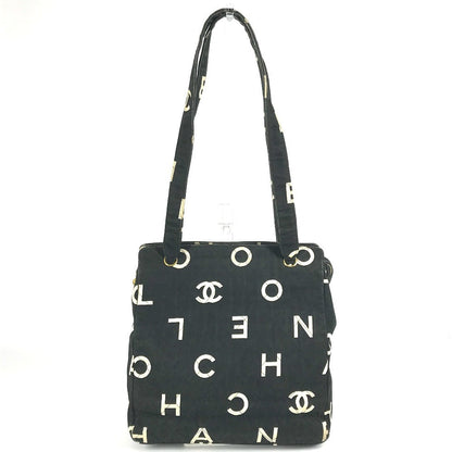 CHANEL Shoulder Bag Leather / canvas black Logo all-over pattern