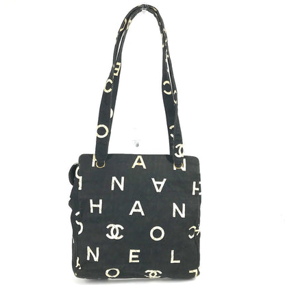 CHANEL Shoulder Bag Leather / canvas black Logo all-over pattern