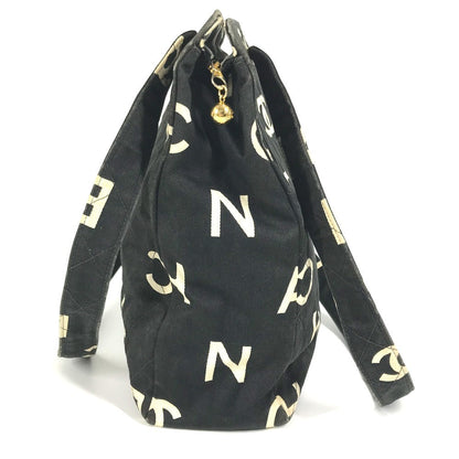 CHANEL Shoulder Bag Leather / canvas black Logo all-over pattern