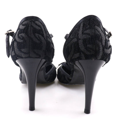 CHANEL Sandals Satin black Ankle strap Camelia Women 35 1/2
