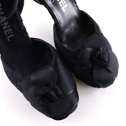 CHANEL Sandals Satin black Ankle strap Camelia Women 35 1/2