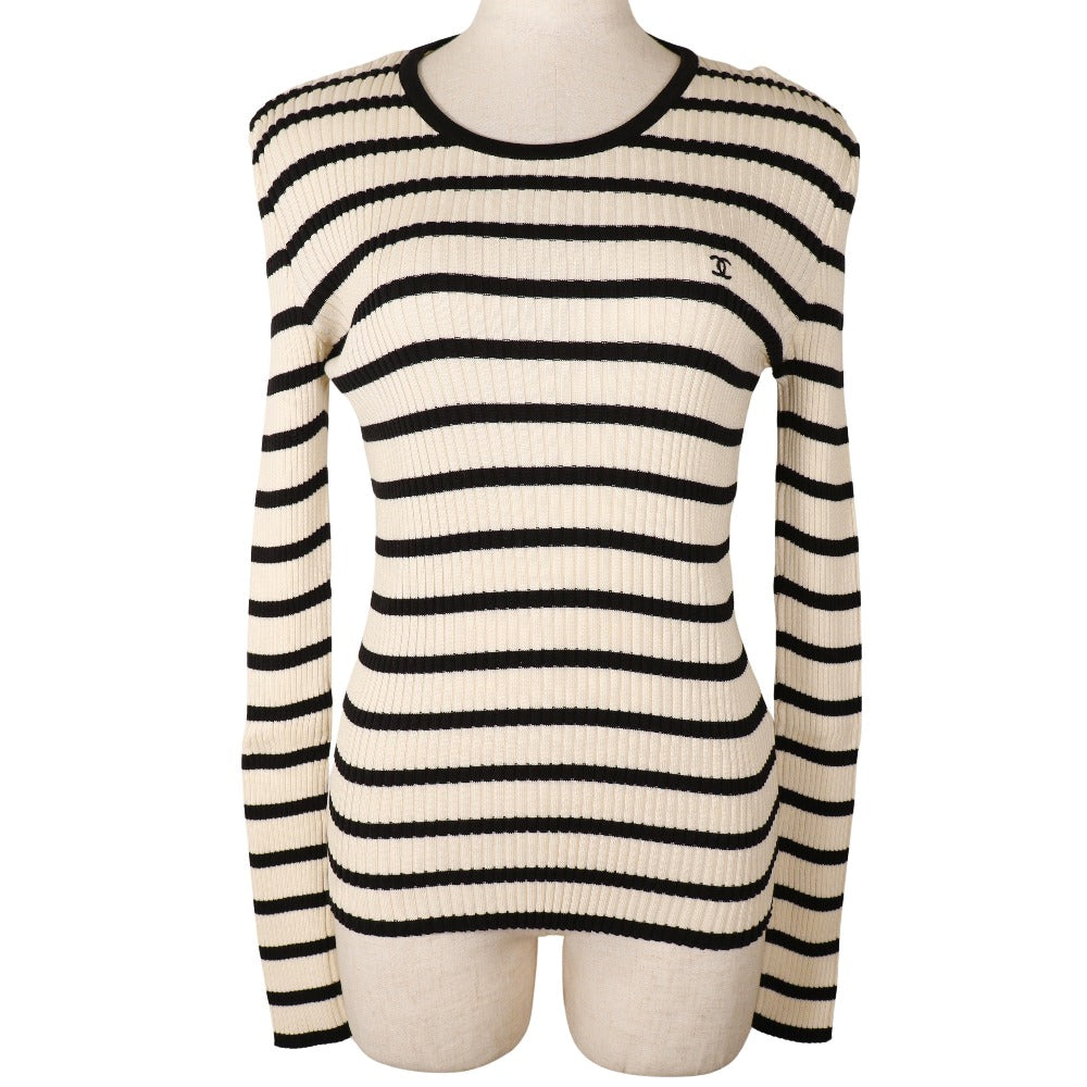 CHANEL sweater P10238V00445 cotton White / black 98P border COCO Mark Women 44