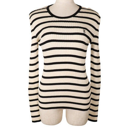 CHANEL sweater P10238V00445 cotton White / black 98P border COCO Mark Women 44
