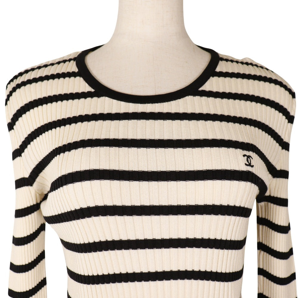 CHANEL sweater P10238V00445 cotton White / black 98P border COCO Mark Women 44