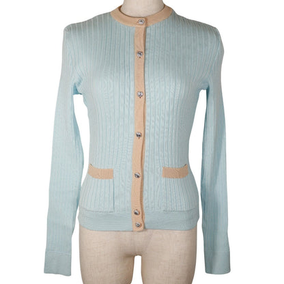 CHANEL cardigan P07389V00348 cotton Two-tone color (light blue) piping ensemble 40