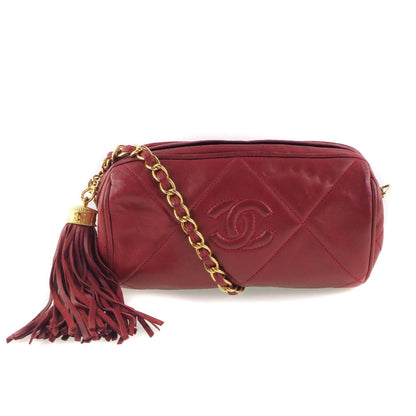 CHANEL Shoulder Bag lambskin Red Matrasse Fringe ChainShoulder Women