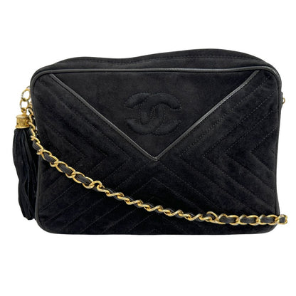 CHANEL Shoulder Bag Suede black Vstitch ChainShoulder Women