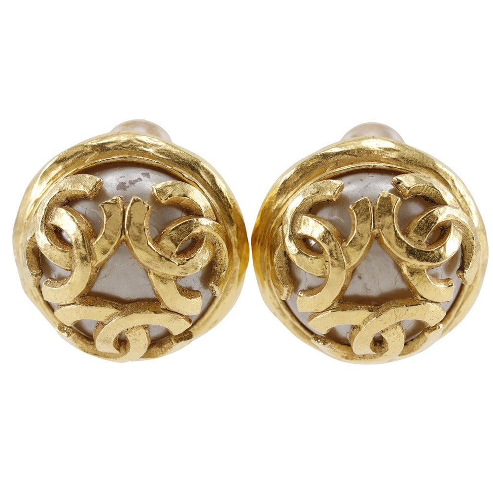 CHANEL Earring Plated Gold, Faux Pearl gold vintage Triple COCO Mark Women