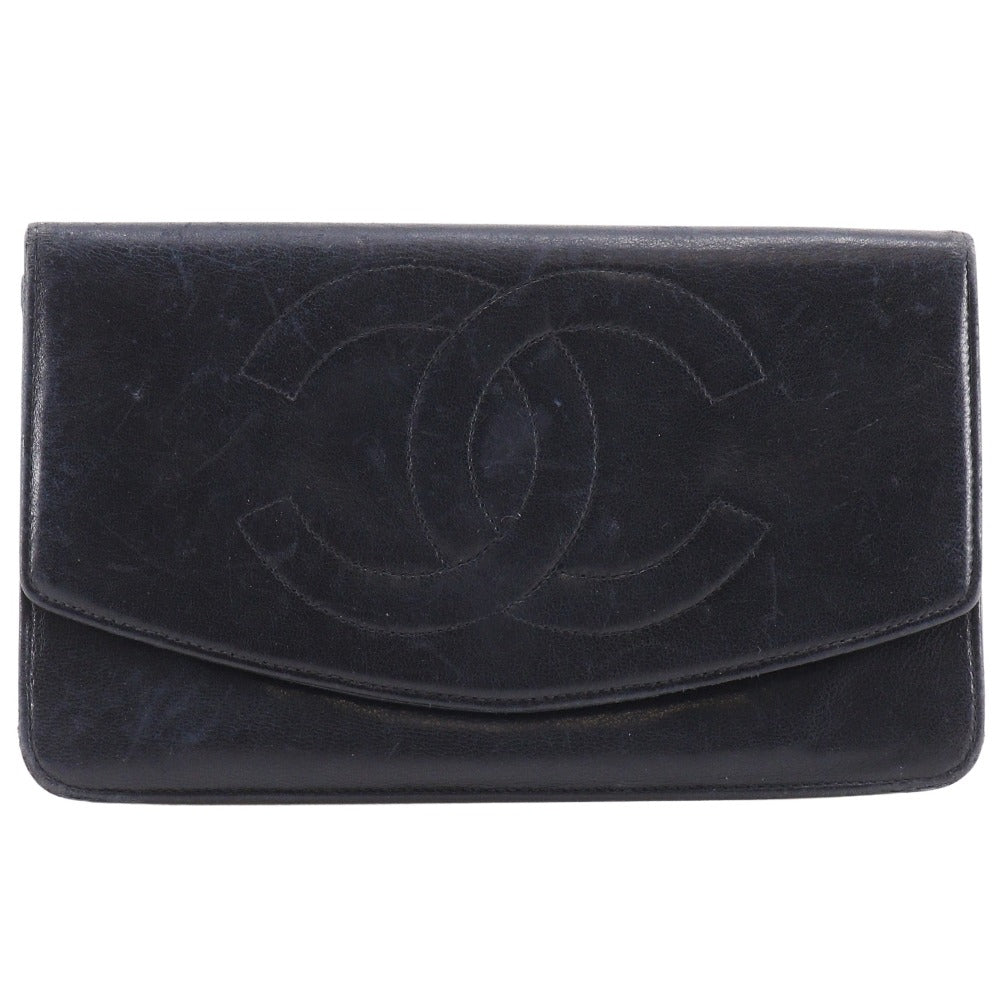 CHANEL Long Wallet Purse lambskin black vintage COCO Mark Women