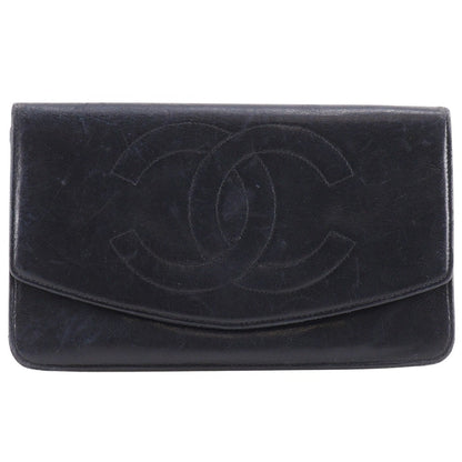 CHANEL Long Wallet Purse lambskin black vintage COCO Mark Women