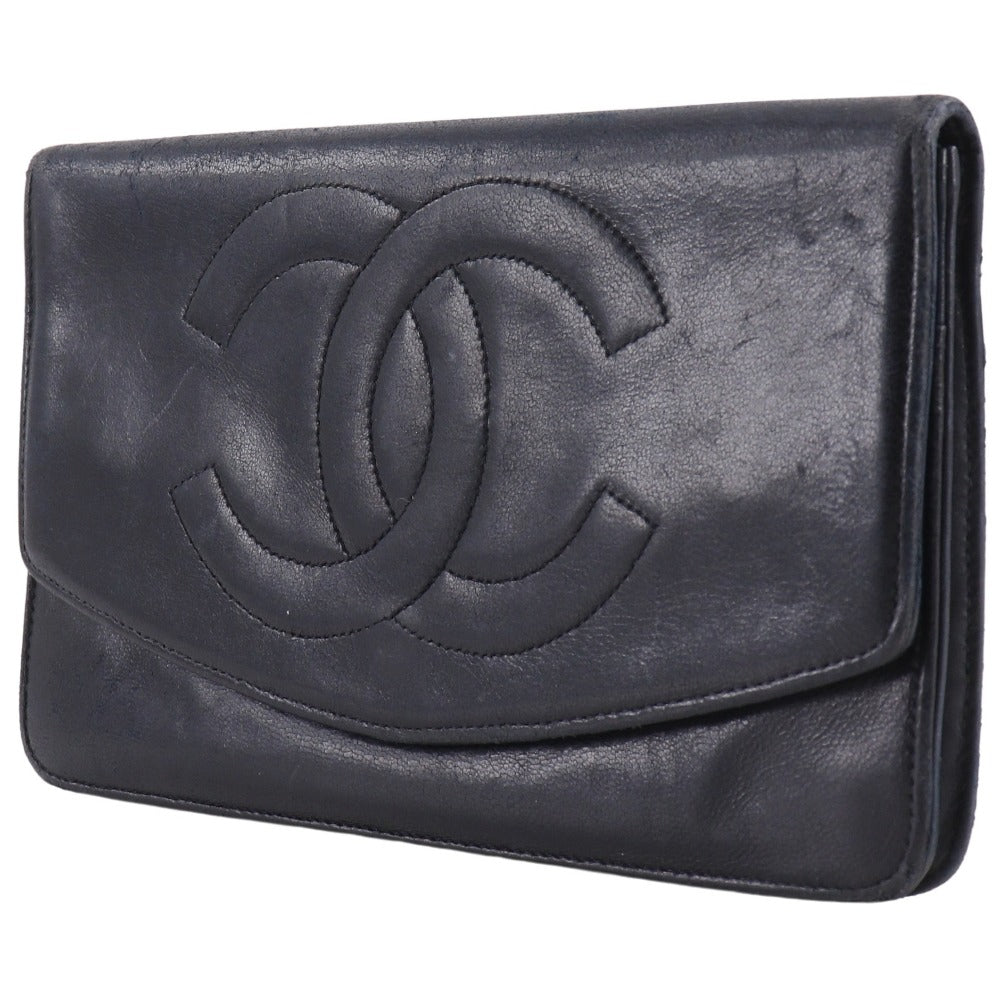 CHANEL Long Wallet Purse lambskin black vintage COCO Mark Women