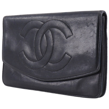 CHANEL Long Wallet Purse lambskin black vintage COCO Mark Women