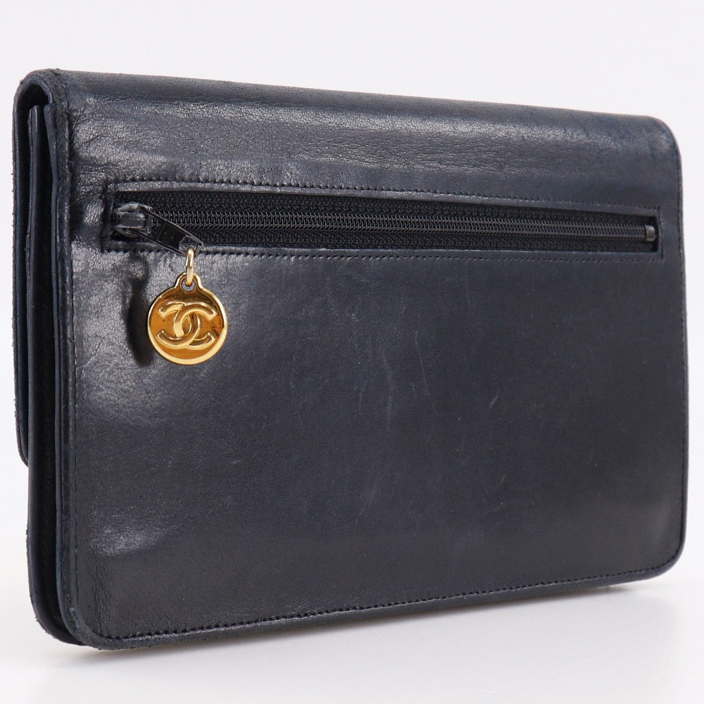 CHANEL Long Wallet Purse lambskin black vintage COCO Mark Women