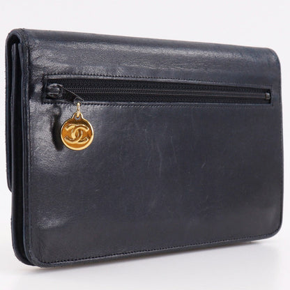 CHANEL Long Wallet Purse lambskin black vintage COCO Mark Women